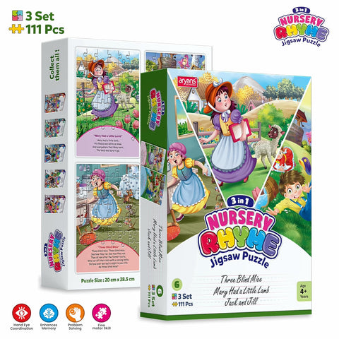 Queeble | 3-in-1 Nursery Rhyme Jigsaw Puzzle – 111 Pieces | 'Three Blind Mice', 'Mary Had a Little Lamb', 'Jack and Jill' | Age 4+