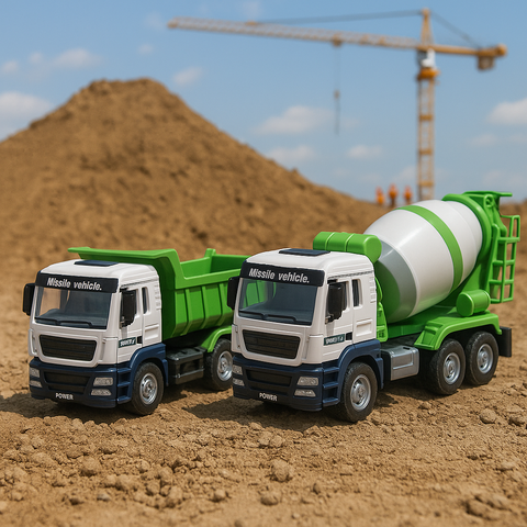 Queeble | Construction Trucks 2-Pack – Die-Cast Dump Truck & Cement Mixer | 1:50 Scale Vehicles for Kids