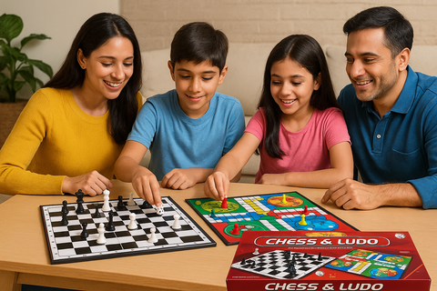Queeble | 2-in-1 Chess & Ludo Board Game – Double-Sided Playing Board, Strategy & Dice Game for Kids & Adults (Age 6+)