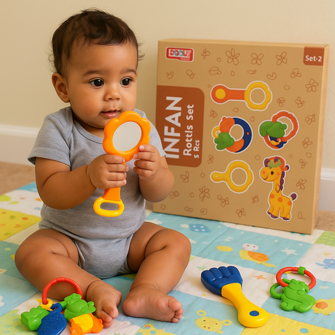 Queeble | Dolly Plastic Infant Rattle Set (Set-2) – 5 Pcs Baby Rattle Toy Pack | Age 0 Months & Above