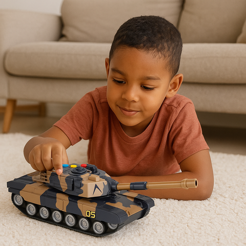 Queeble | Assault Tank Toy with Flare Sound, Light & Music | Military Simulation Toy for Kids 3+