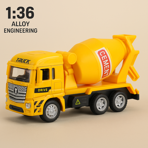 Queeble | 1:36 Alloy Cement Mixer Construction Truck – Die-Cast Metal Engineering Vehicle Toy for Kids (Yellow)