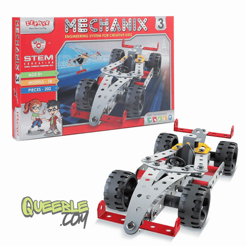 Queeble | Mechanix Set 3 – 202 Pieces | Build 18 Models | STEM Educational Construction Kit for Kids Aged 7+
